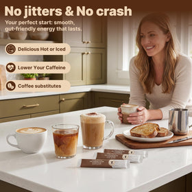 Sachets individuels de café aux champignons TerraPrecis sur une table