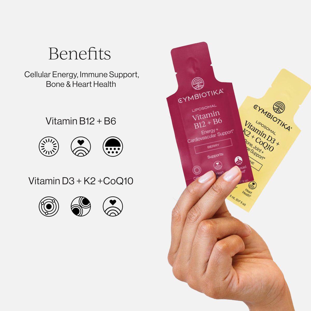 Sachets individuels de CYMBIOTIKA Liposomal B12 + B6 et D3 + K2 + CoQ10