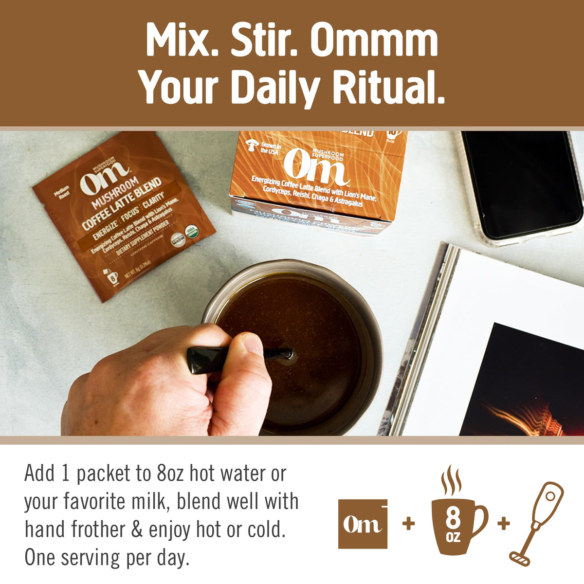 Sachets individuels de OM MUSHROOM SUPERFOOD Café Latte sur fond blanc