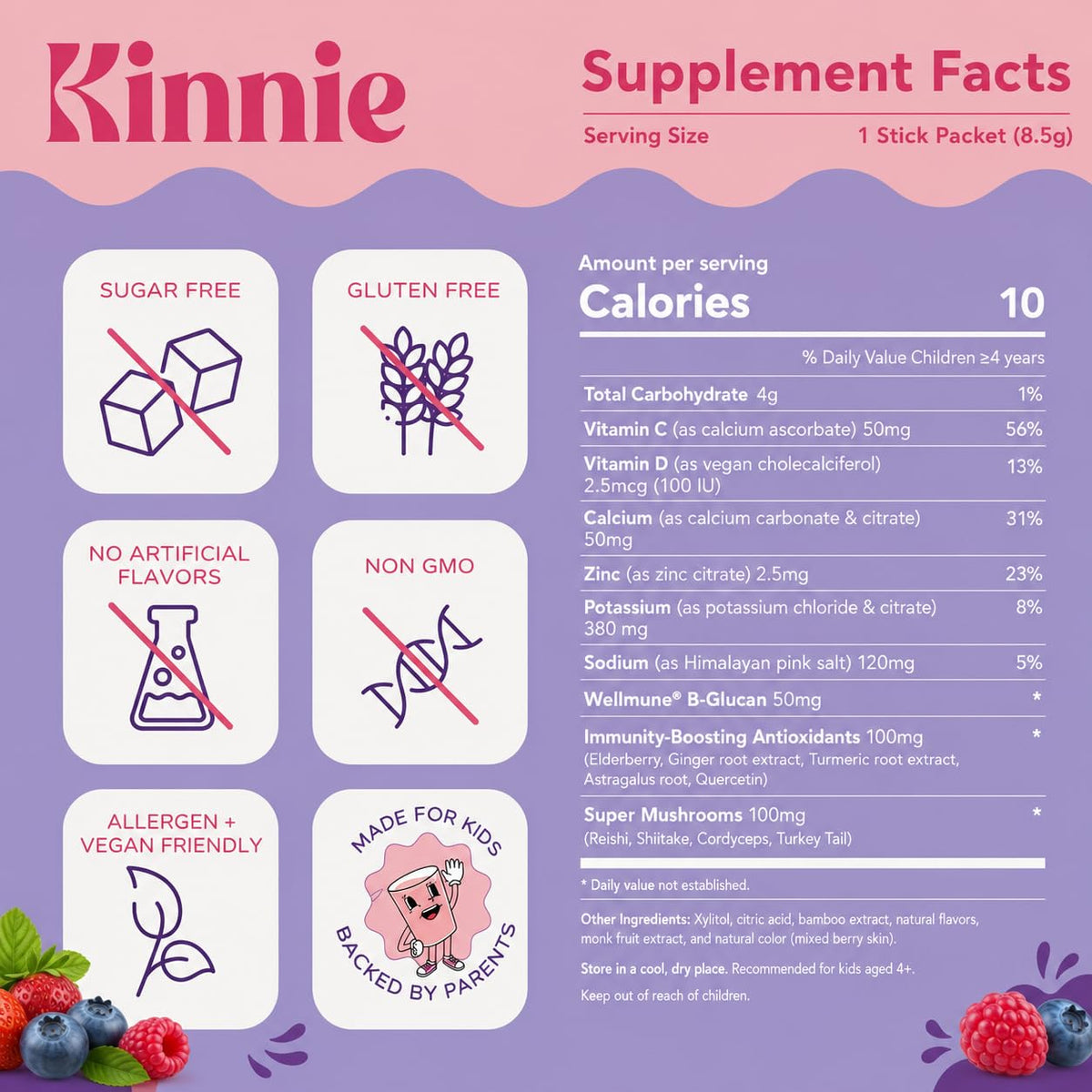 Sachets individuels de poudre électrolyte Kinnie sur une table