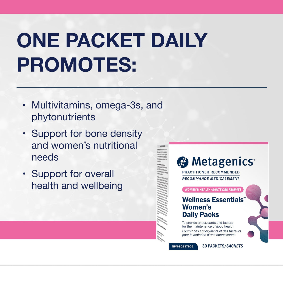 Sachets Metagenics ouverts avec contenu visible