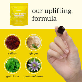 Sachets Organifi Happy Drops montrant la transparence des ingrédients