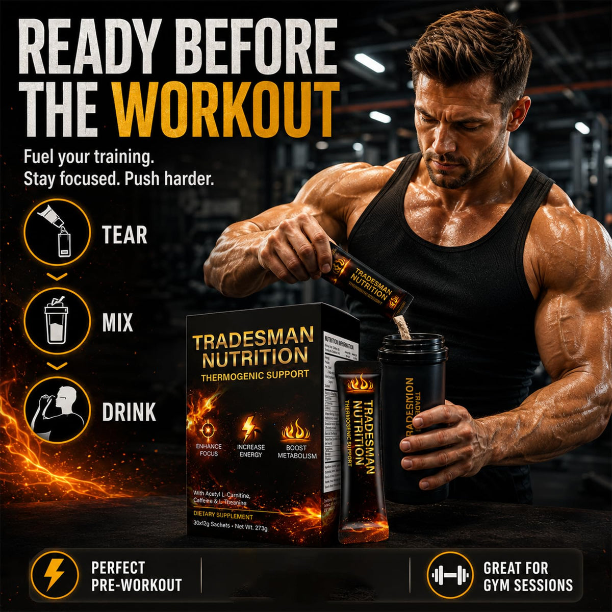 Sachets Shred TRADESMAN NUTRITION au gym