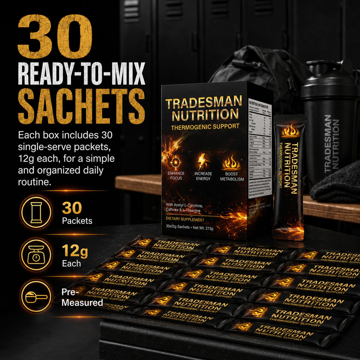 Sachets Shred TRADESMAN NUTRITION dans un sac de sport