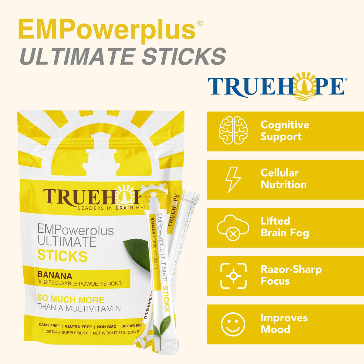 Sachets Truehope ouverts montrant la poudre nootropique