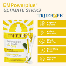 Sachets Truehope ouverts montrant la poudre nootropique