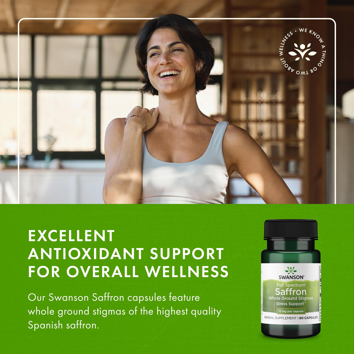 Saffran Espagnol Swanson, flacon ouvert avec capsules visibles