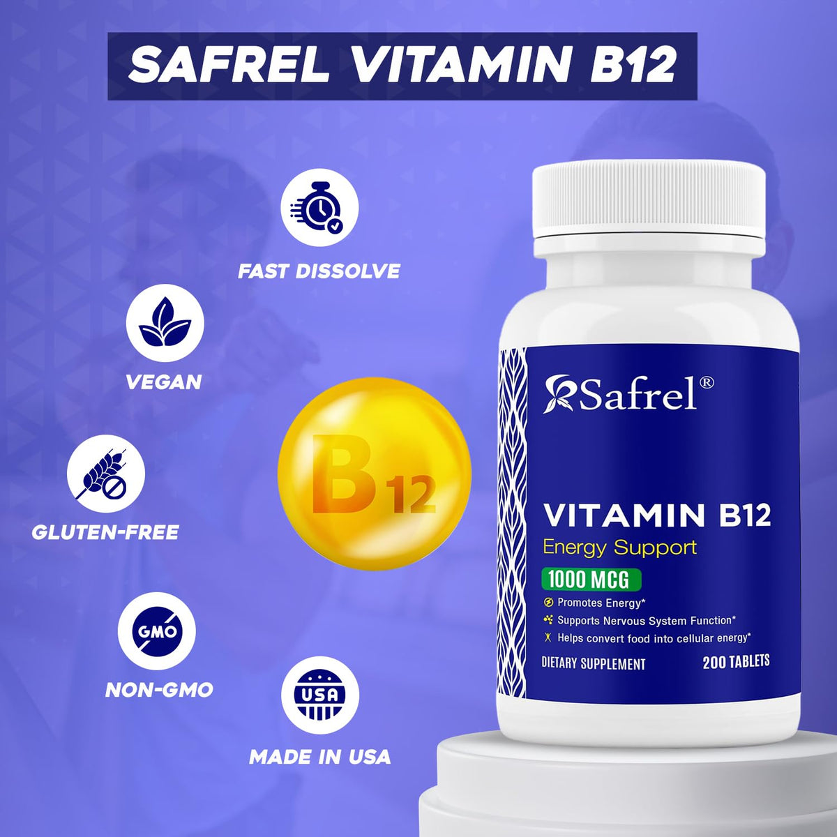Safrel B12 comprimés montrant la taille et la forme