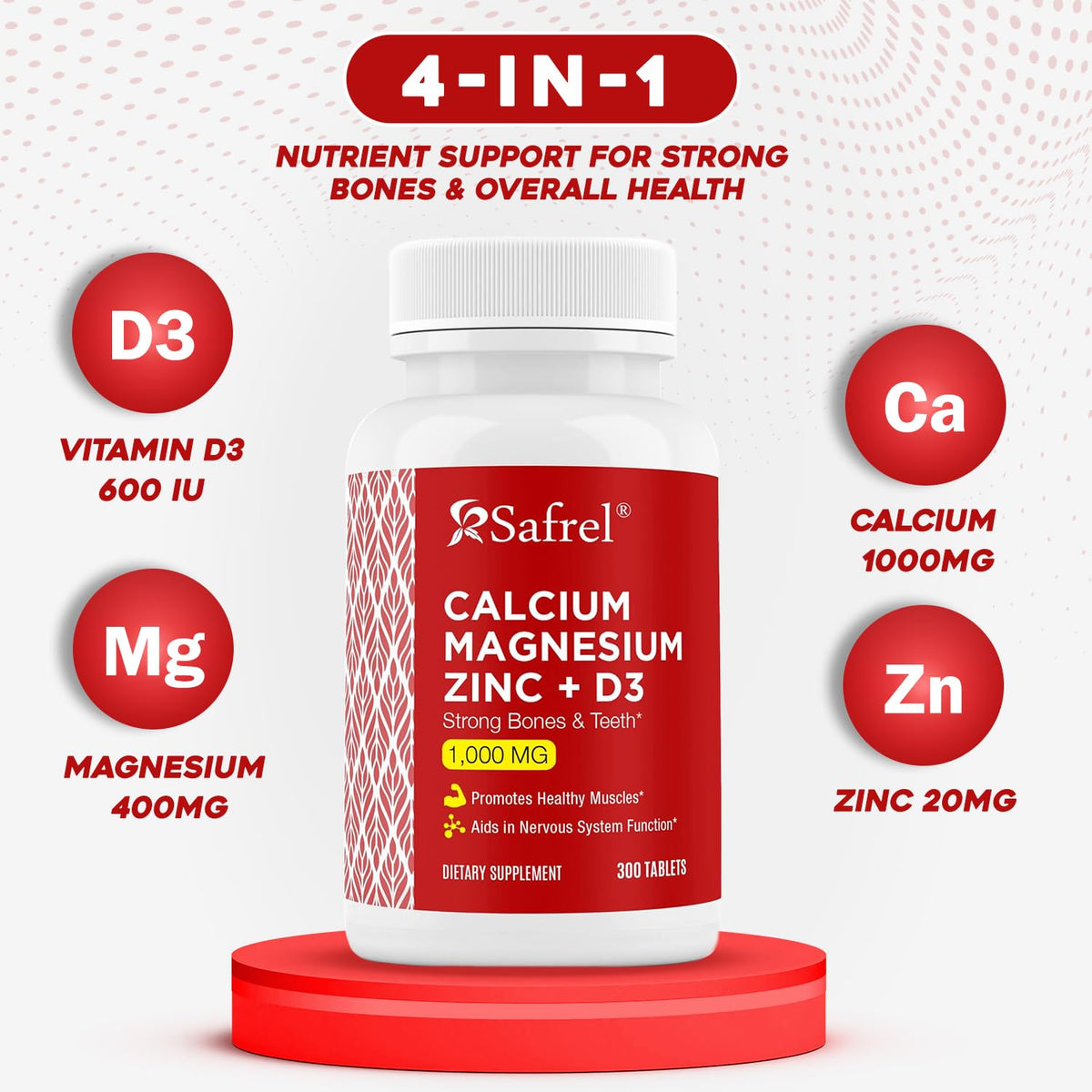 Safrel Calcium Magnésium Zinc 300 comprimés - bouteille ouverte