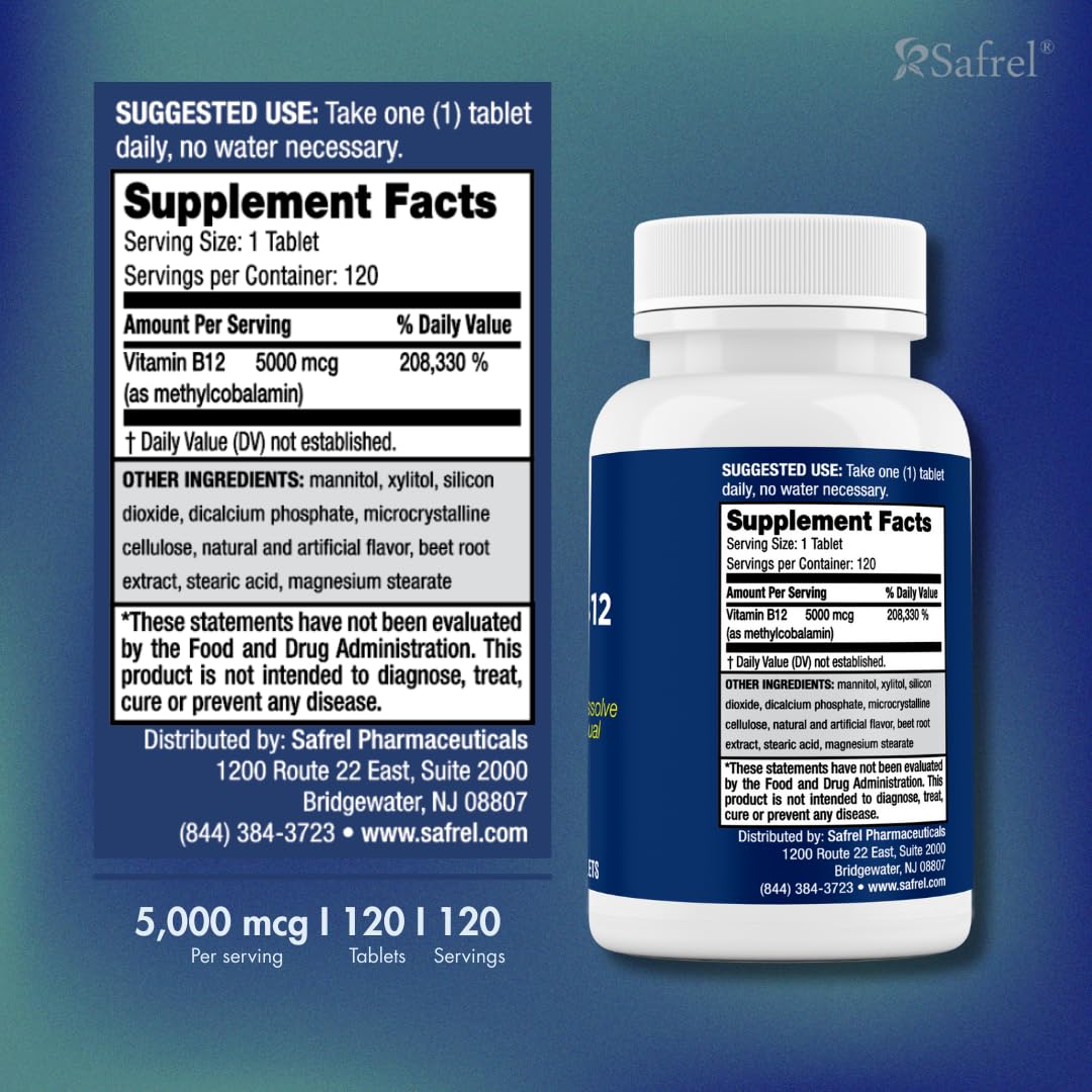 Safrel Vitamine B12 5000 mcg comprimés sublinguaux présentation avec étiquette