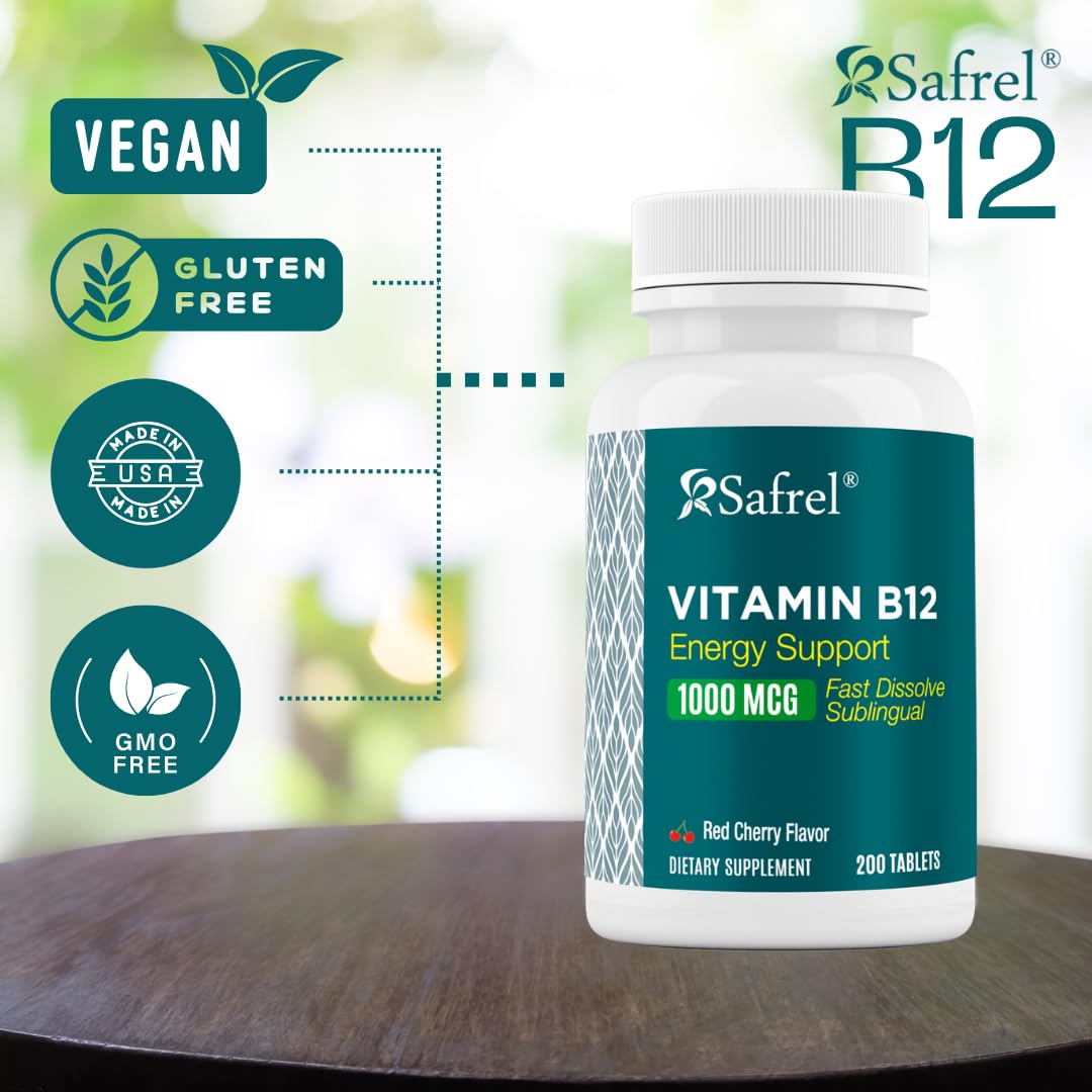 Safrel Vitamine B12 comprimés cerise avec détails du flacon