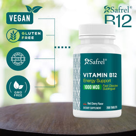 Safrel Vitamine B12 comprimés cerise avec détails du flacon