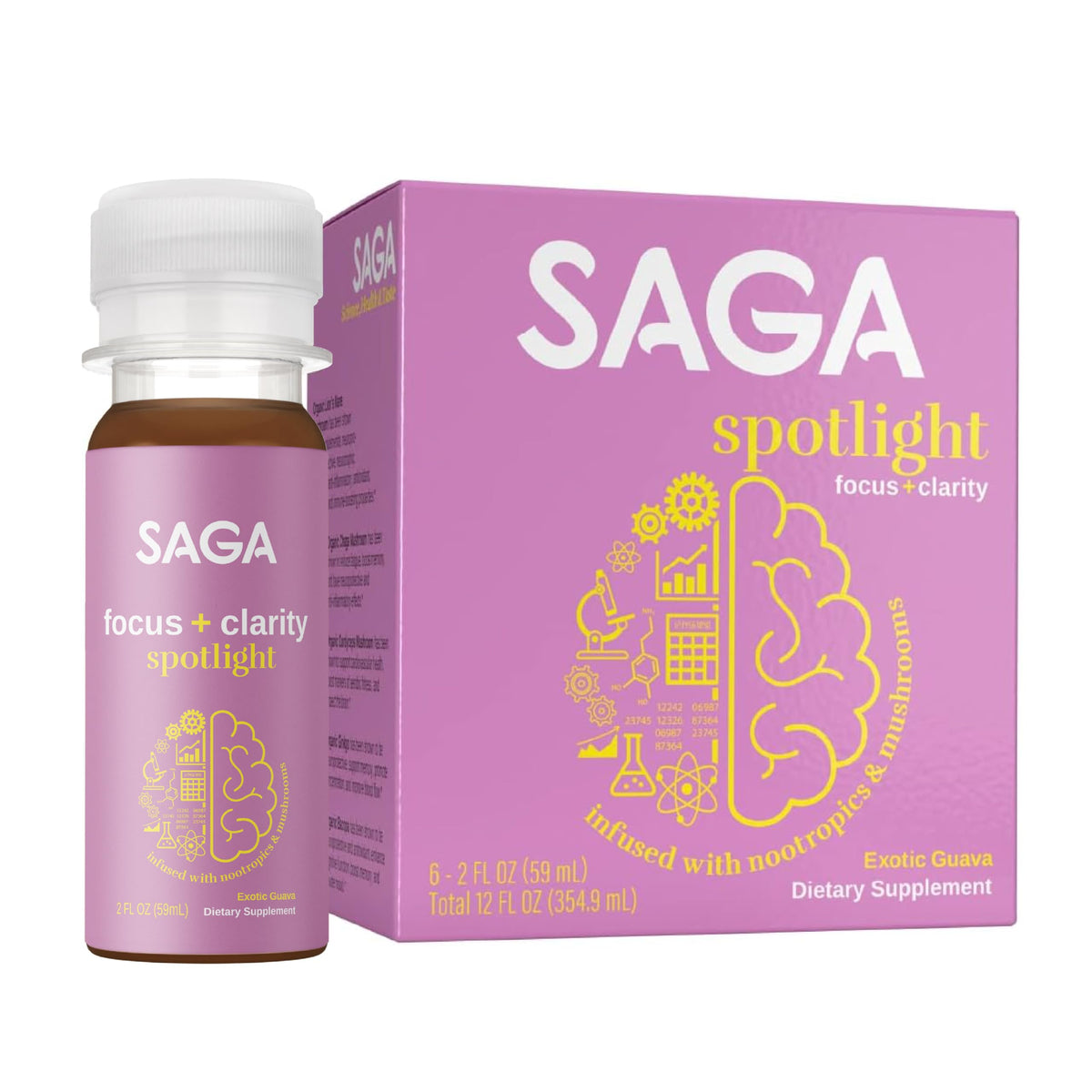 SAGA Spotlight Shots 2oz devant une table avec une boisson guava
