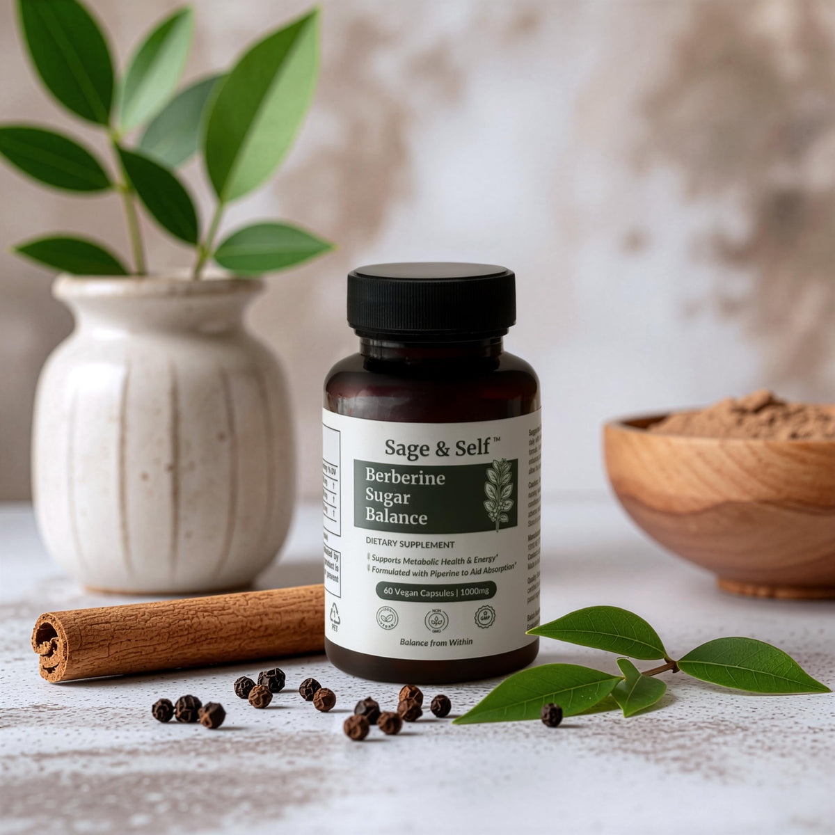 Sage & Self Berberine HCl 1000 mg gélules sur fond blanc