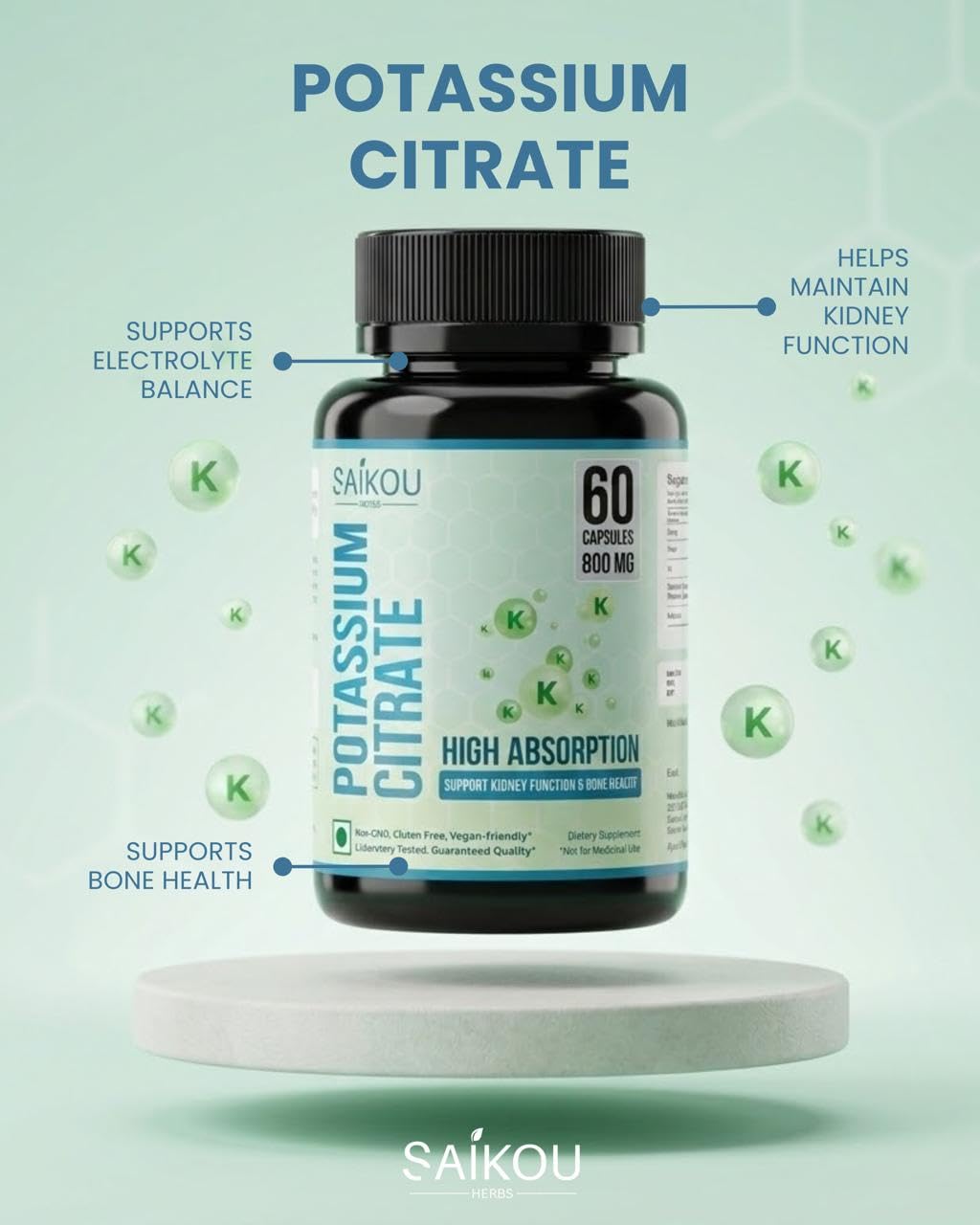 SAIKOU HERBS Citrate de Potassium 800 mg - étiquette détaillée