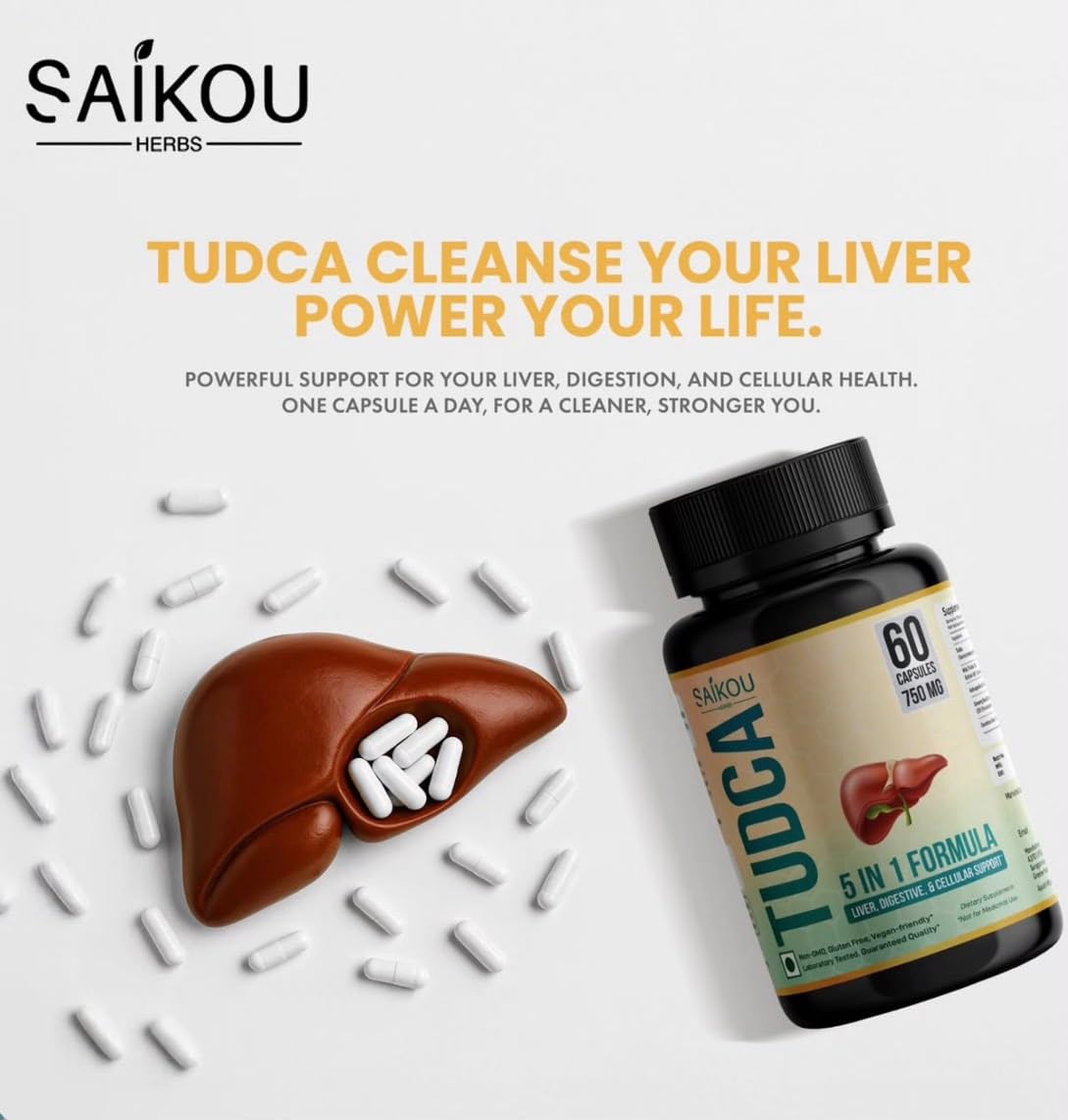 SAIKOU HERBS TUDCA 750mg 5 en 1 avec capsules sur une table
