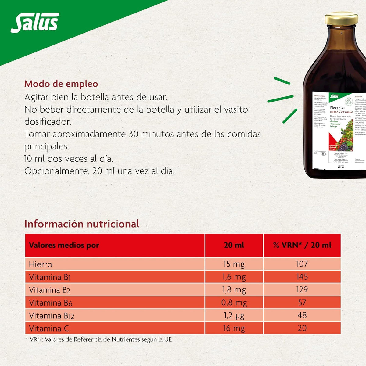 Salus Floradix Fer Liquide 500ml avec verre et cuillère
