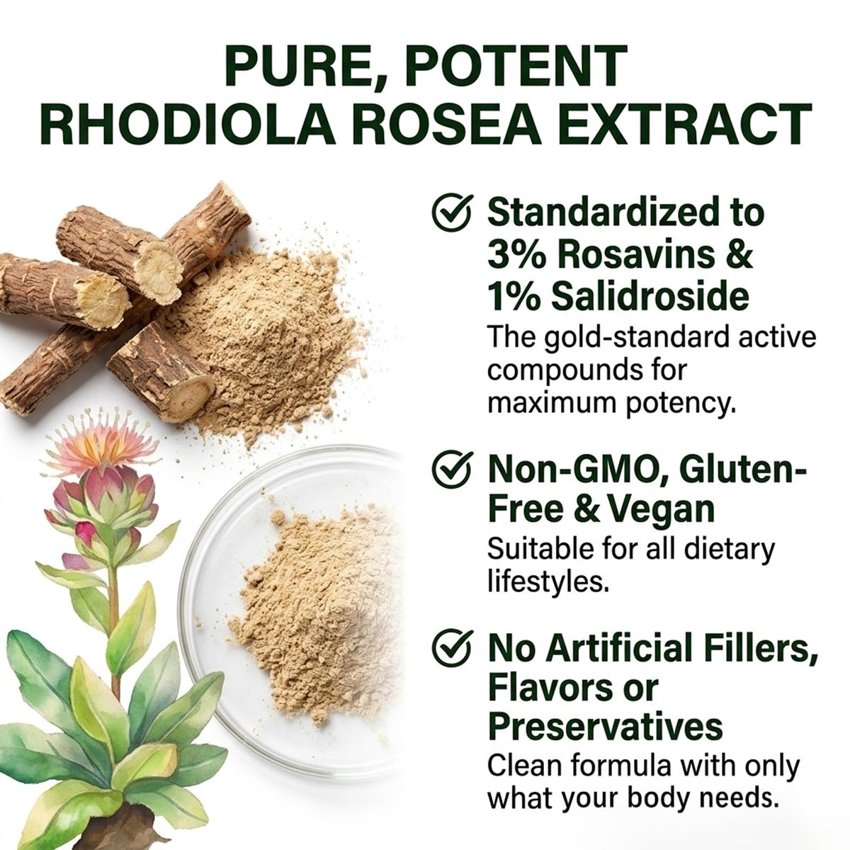 Salvora Organic Rhodiola Rosea capsules sur une surface en bois