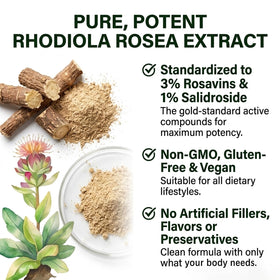 Salvora Organic Rhodiola Rosea capsules sur une surface en bois