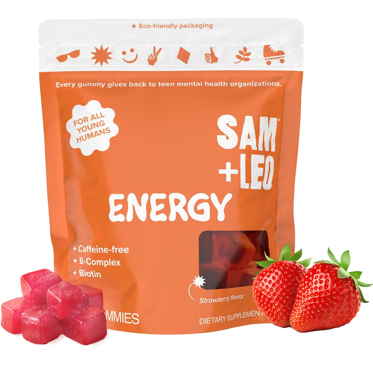 SAM+LEO Gummies Énergétiques au goût fraise, paquet de 60 pièces