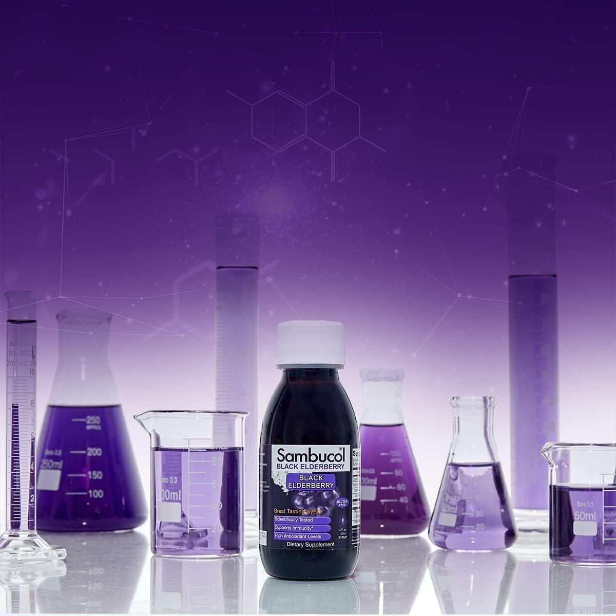 Sambucol Sirop de Sureau Noir, flacon ouvert avec sirop versé