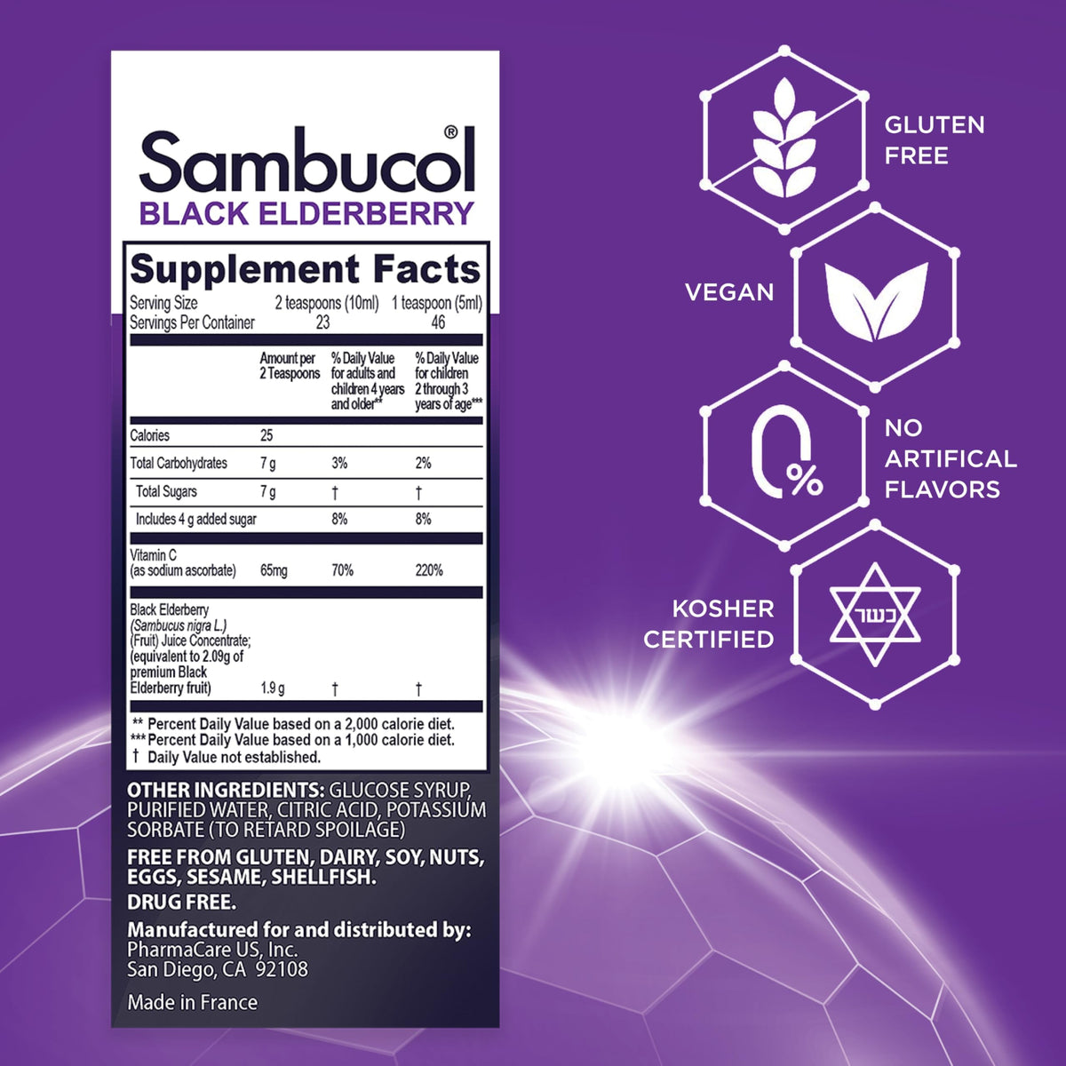 Sambucol Sirop de Sureau Noir pour Enfants 4 Fl Oz, étiquette de près