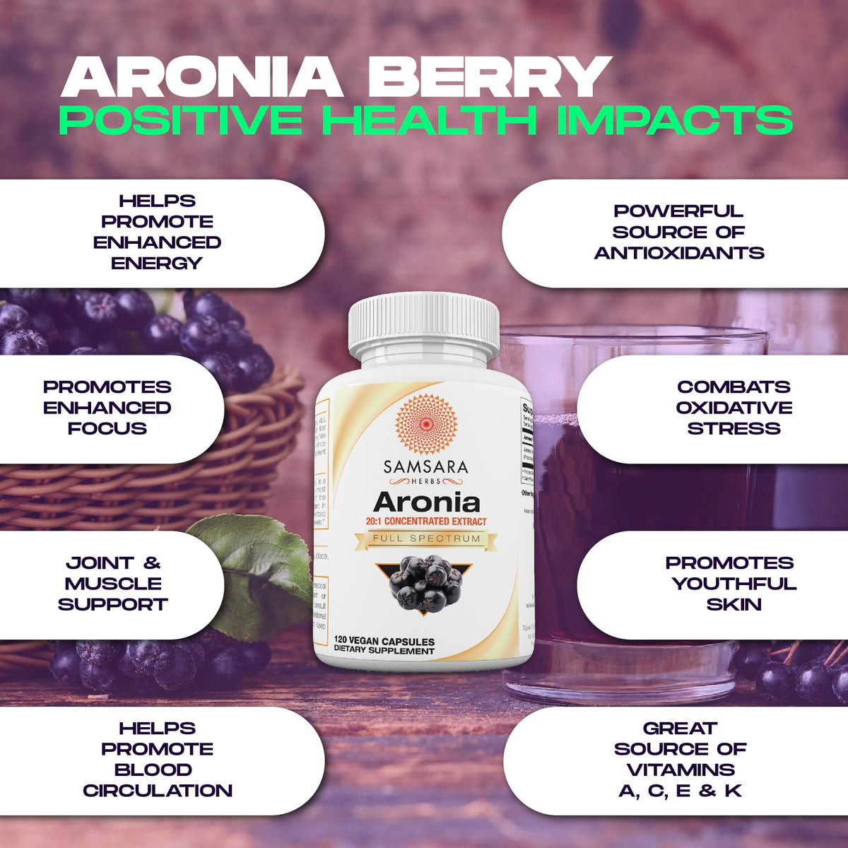 Samsara Herbs Aronia Berry extrait concentré 20:1 120 capsules sur fond blanc