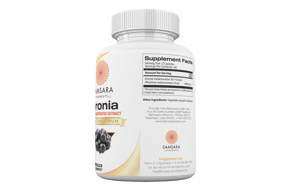 Samsara Herbs Aronia Berry extrait concentré 20:1 120 capsules sur table