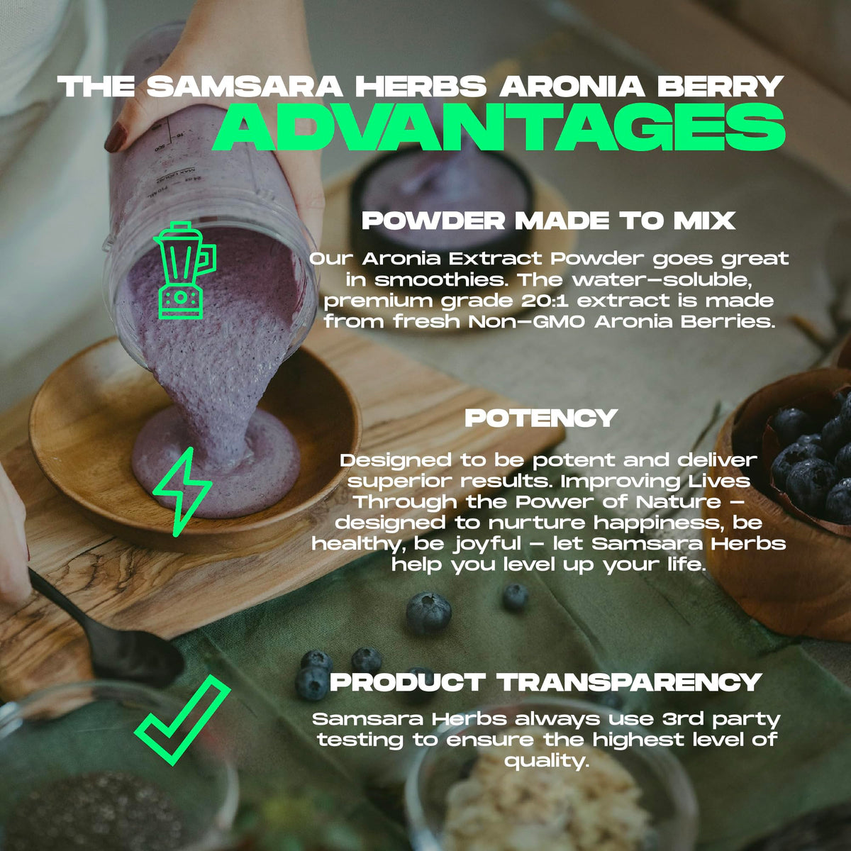 Samsara Herbs Aronia Berry extrait concentré sur une table avec fruits