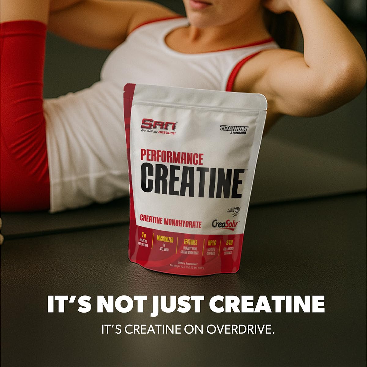 SAN Créatine Performance 600g emballage ouvert montrant la poudre