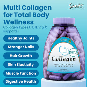 Sanar Naturals Multi-Collagène 132g près d'un verre d'eau