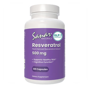 Sanar Naturals Resveratrol 500mg vue avant avec capsules