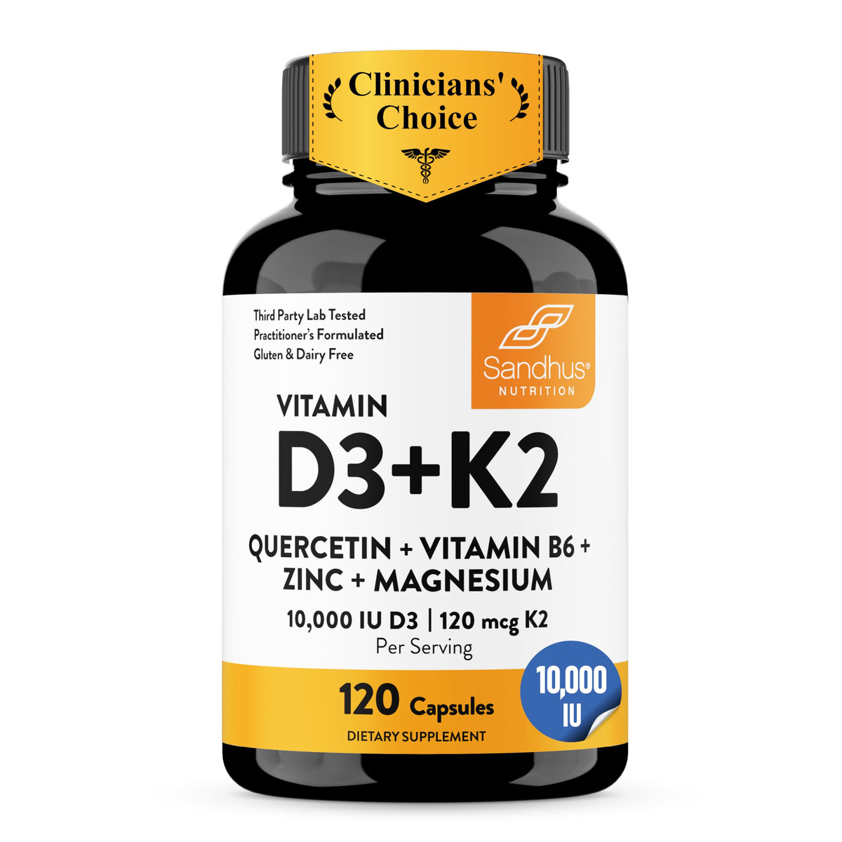 Sandhu's capsules de Vitamine D3 K2 10000 IU 120mcg vue de face