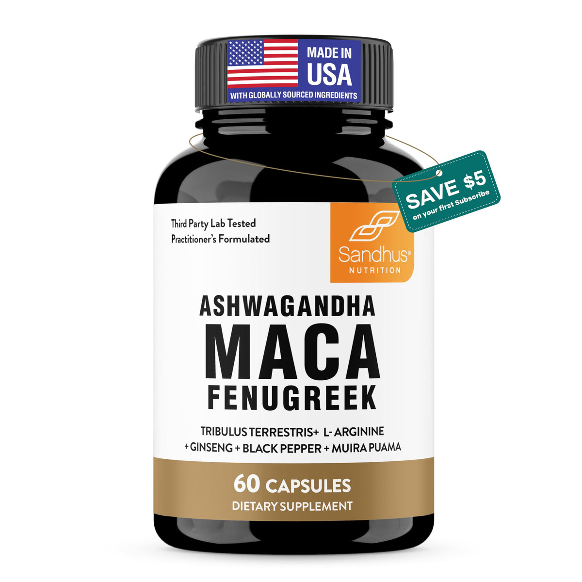 Sandhu's Maca Root et Ashwagandha 60 capsules vue avant