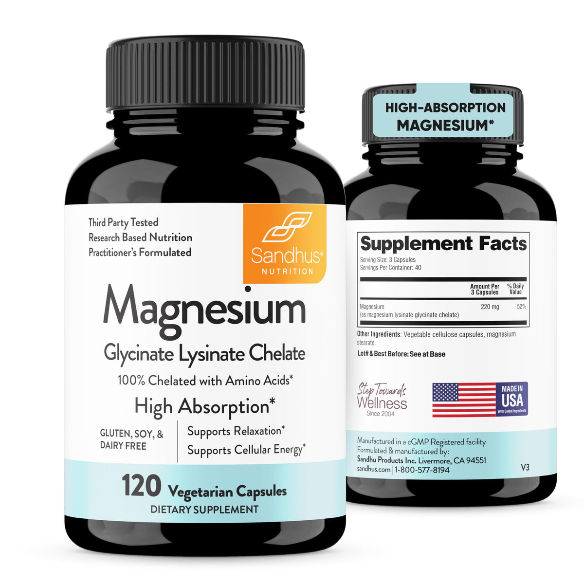 Sandhu's Magnésium Glycinate Lysinate 120 capsules végétales vue de face