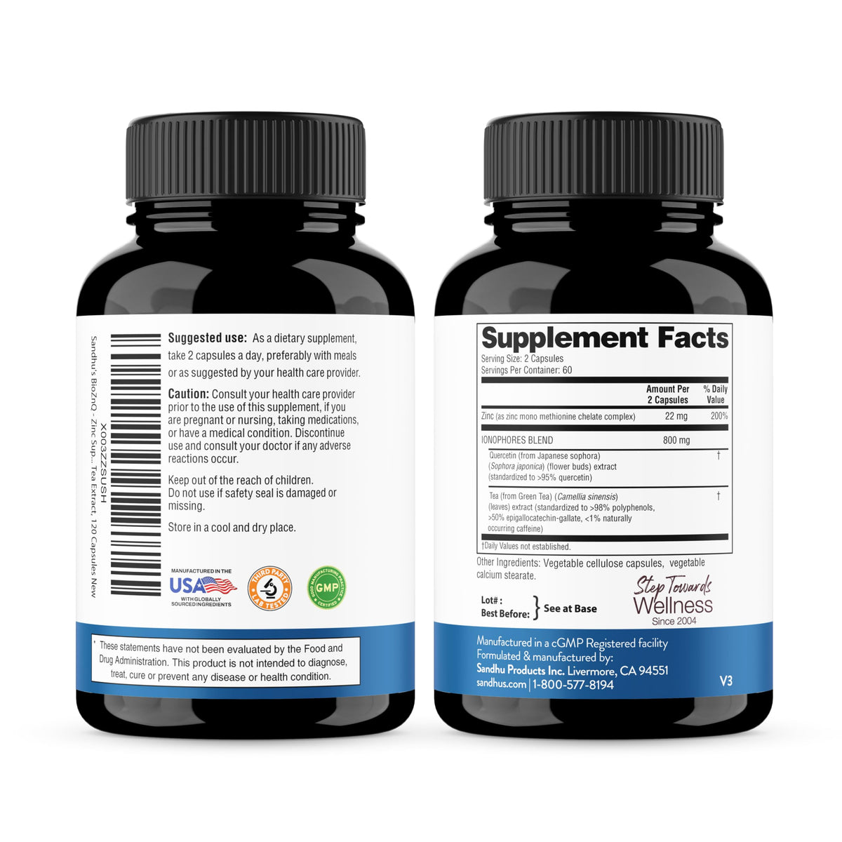 Sandhu's Zinc 800mg capsules végétariennes sur fond blanc