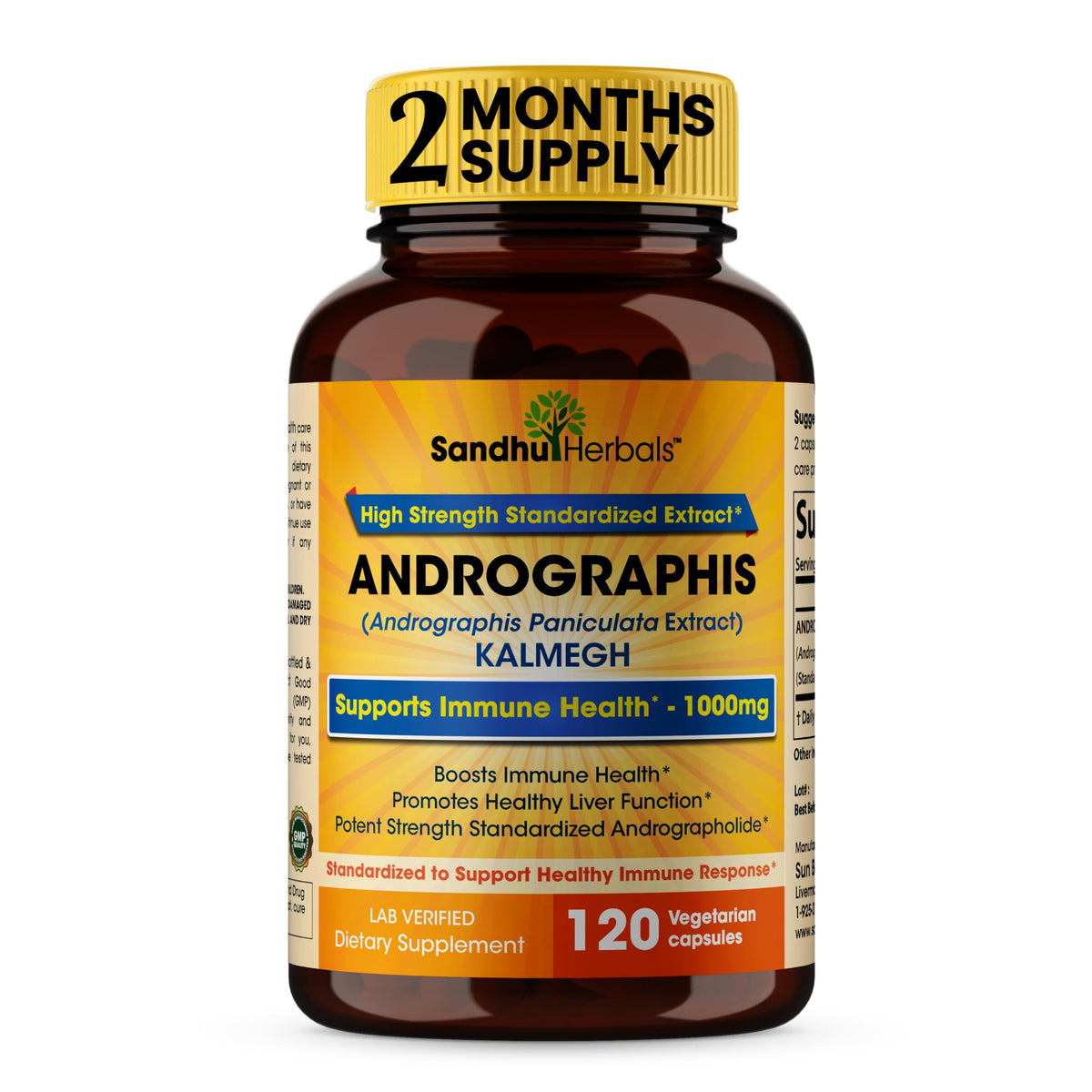 SANDHUHERBALS Andrographis Paniculata Kalmegh 120 capsules vue de face