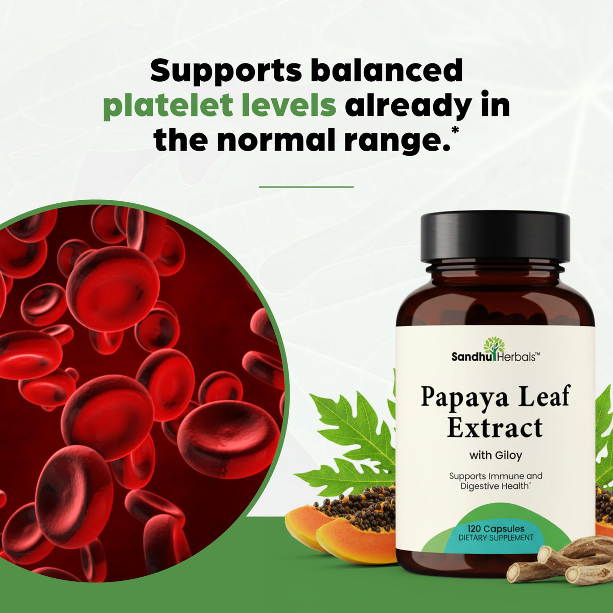 SANDHUHERBALS Extrait de Feuille de Papaye 120 Capsules sur fond blanc