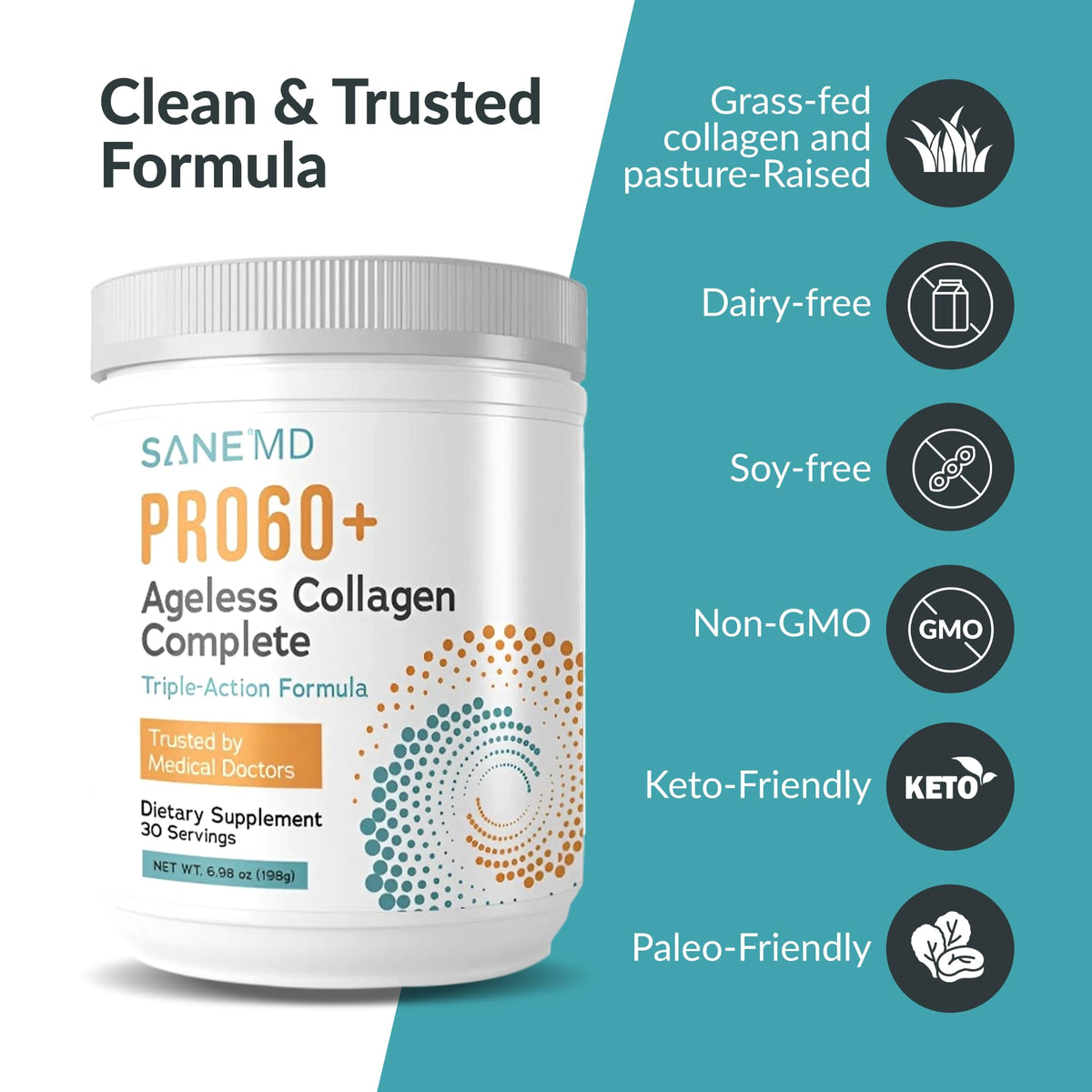 SANE Collagène Peptides PRO60+ 281g avec des fruits et légumes