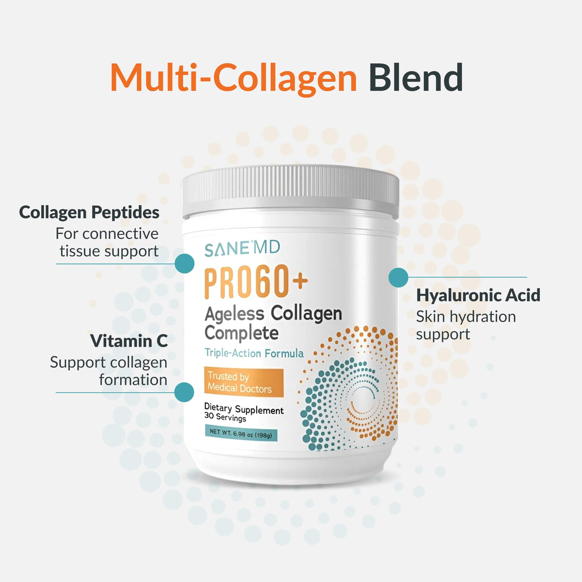 SANE Collagène Peptides PRO60+ 281g avec une cuillère doseuse