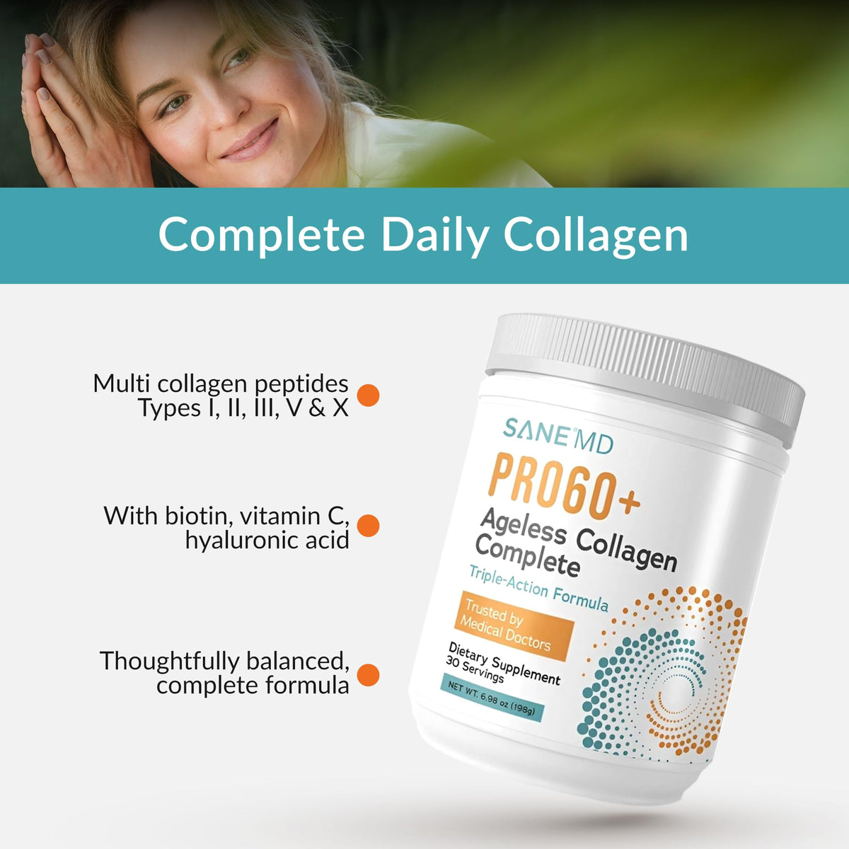 SANE Collagène Peptides PRO60+ 281g étiquette des ingrédients