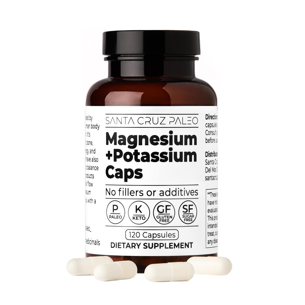 Santa Cruz Paleo Magnésium + Potassium 120 capsules avec une main tenant le flacon