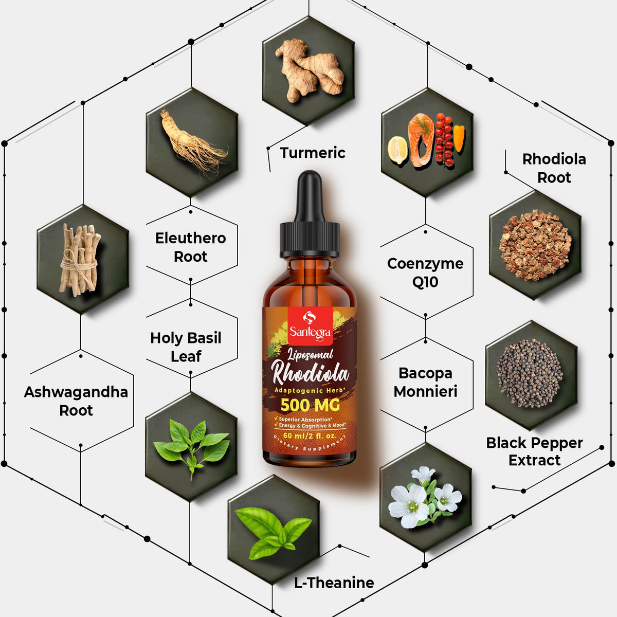 Santegra Rhodiola Rosea 500 MG, présentation du dosage sur une cuillère