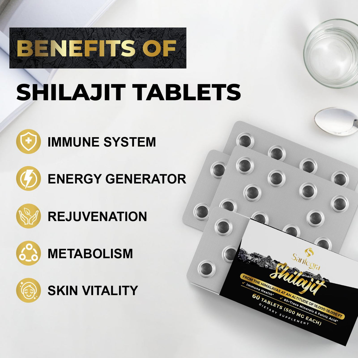 Santegra Shilajit 500 mg tablettes dans la main