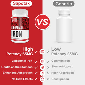 Sapotax Complément Alimentaire Fer Liposomal 65 mg, bouteille ouverte avec gélules