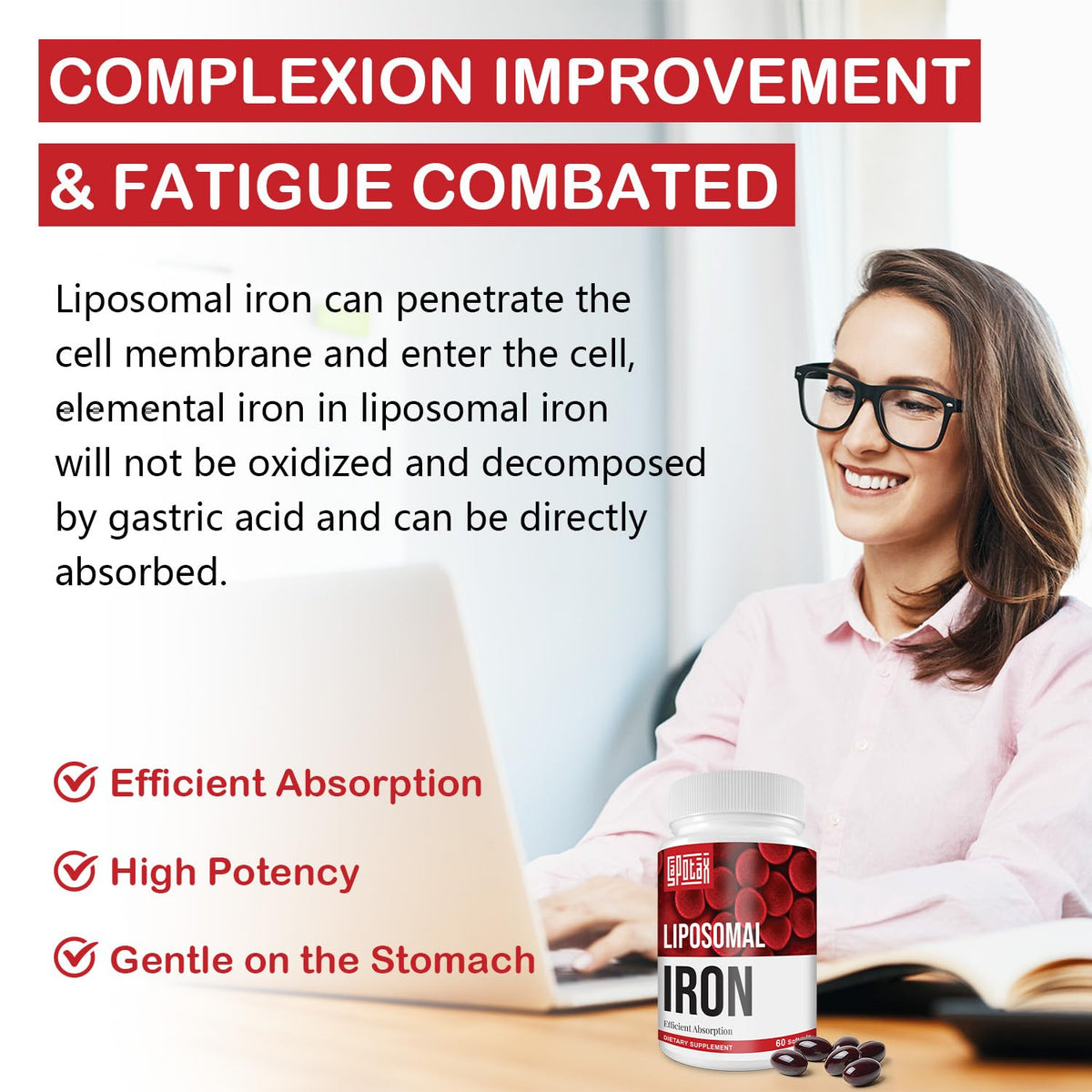 Sapotax Complément Fer Liposomal 65 mg, gélules et ingrédients sur table
