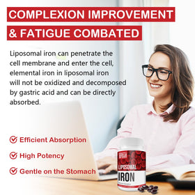 Sapotax Complément Fer Liposomal 65 mg, gélules et ingrédients sur table