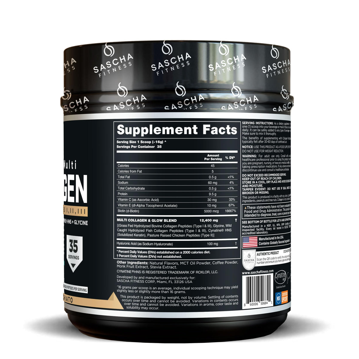 SASCHA FITNESS Collagène Multi Hydrolysé 671g Caramel Macchiato en poudre dans un verre