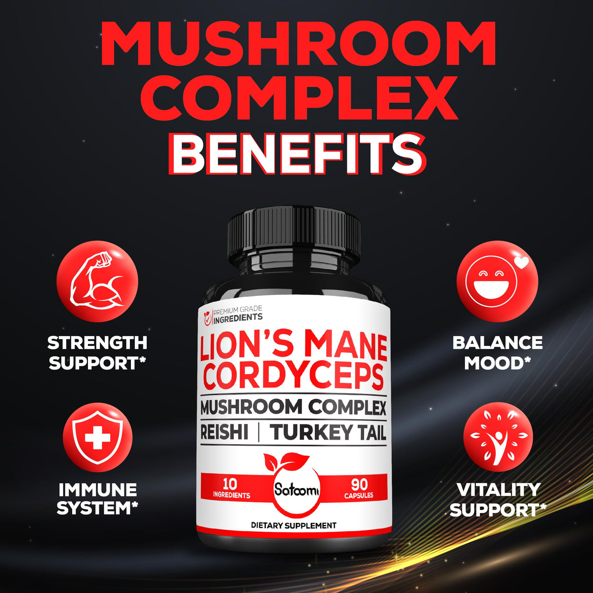 Satoomi complément champignon Cordyceps avec des champignons en arrière-plan