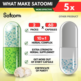 Satoomi Complexe de Champignons, flacon avec capsules sur une table